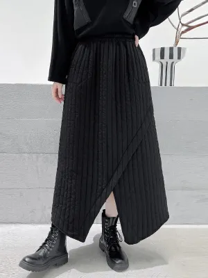 A-Line Loose Asymmetric Pockets Quilted Solid Color Split-Front Skirts Bottoms