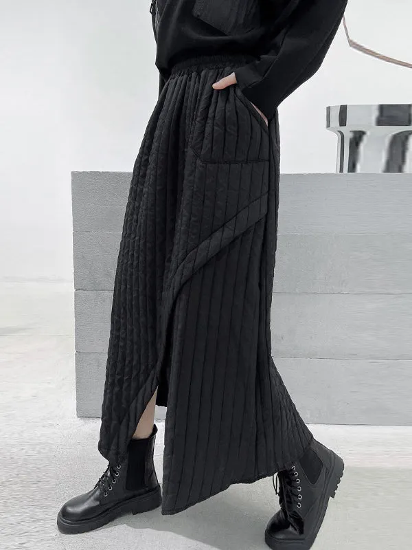 A-Line Loose Asymmetric Pockets Quilted Solid Color Split-Front Skirts Bottoms