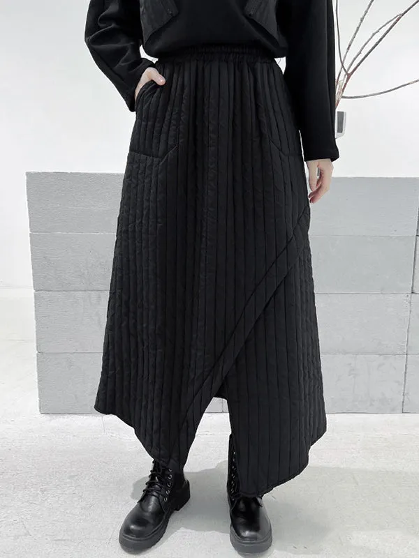 A-Line Loose Asymmetric Pockets Quilted Solid Color Split-Front Skirts Bottoms