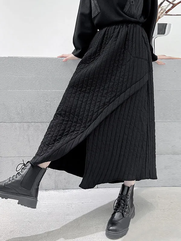 A-Line Loose Asymmetric Pockets Quilted Solid Color Split-Front Skirts Bottoms