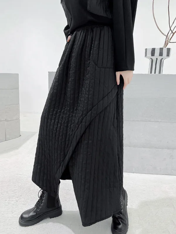 A-Line Loose Asymmetric Pockets Quilted Solid Color Split-Front Skirts Bottoms