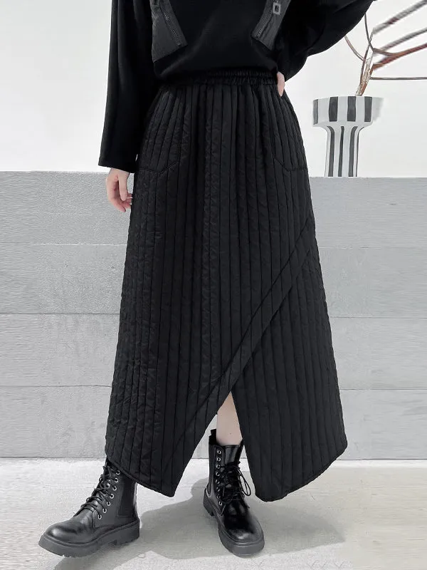 A-Line Loose Asymmetric Pockets Quilted Solid Color Split-Front Skirts Bottoms