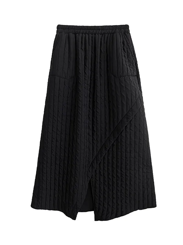 A-Line Loose Asymmetric Pockets Quilted Solid Color Split-Front Skirts Bottoms