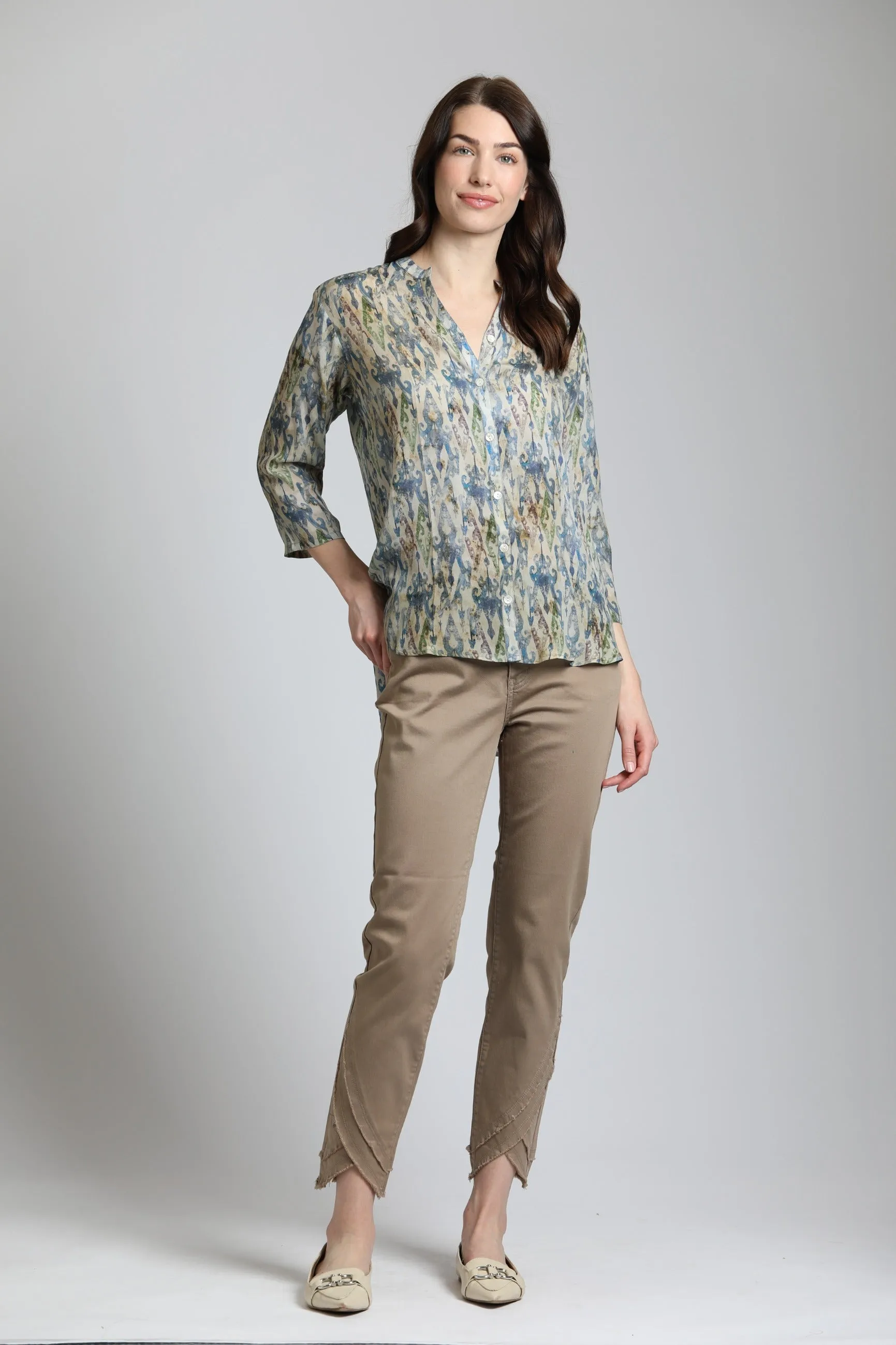 APNY Multicolor Ikat Print  Sleeve Mandarin Collar Button Up Blouse