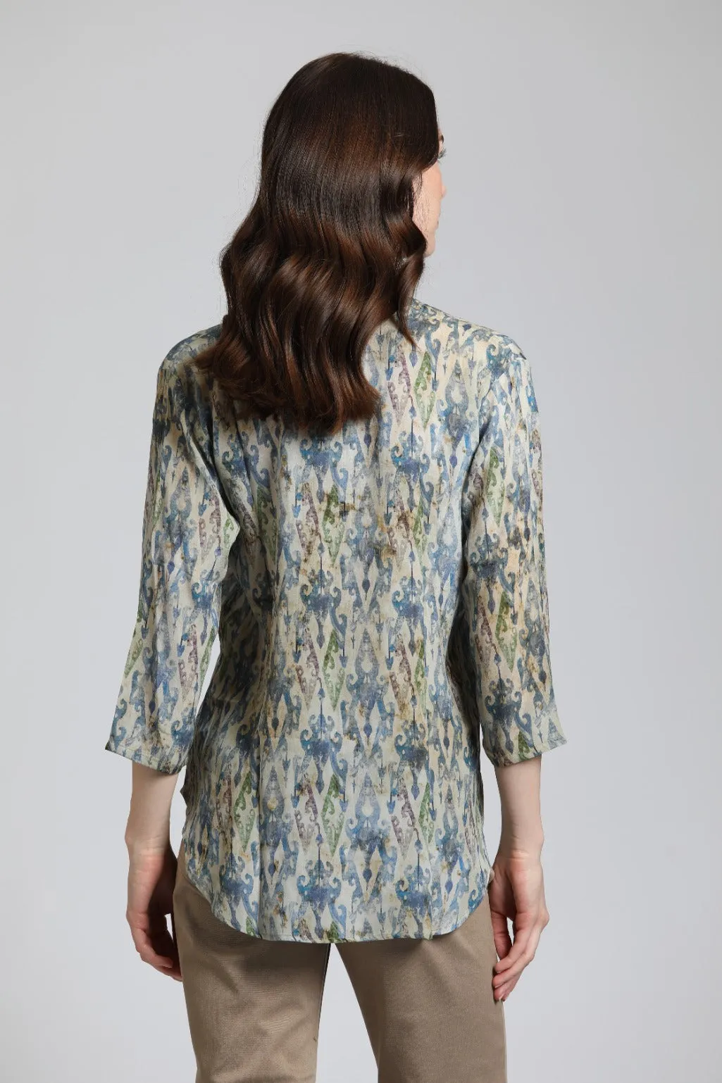 APNY Multicolor Ikat Print  Sleeve Mandarin Collar Button Up Blouse