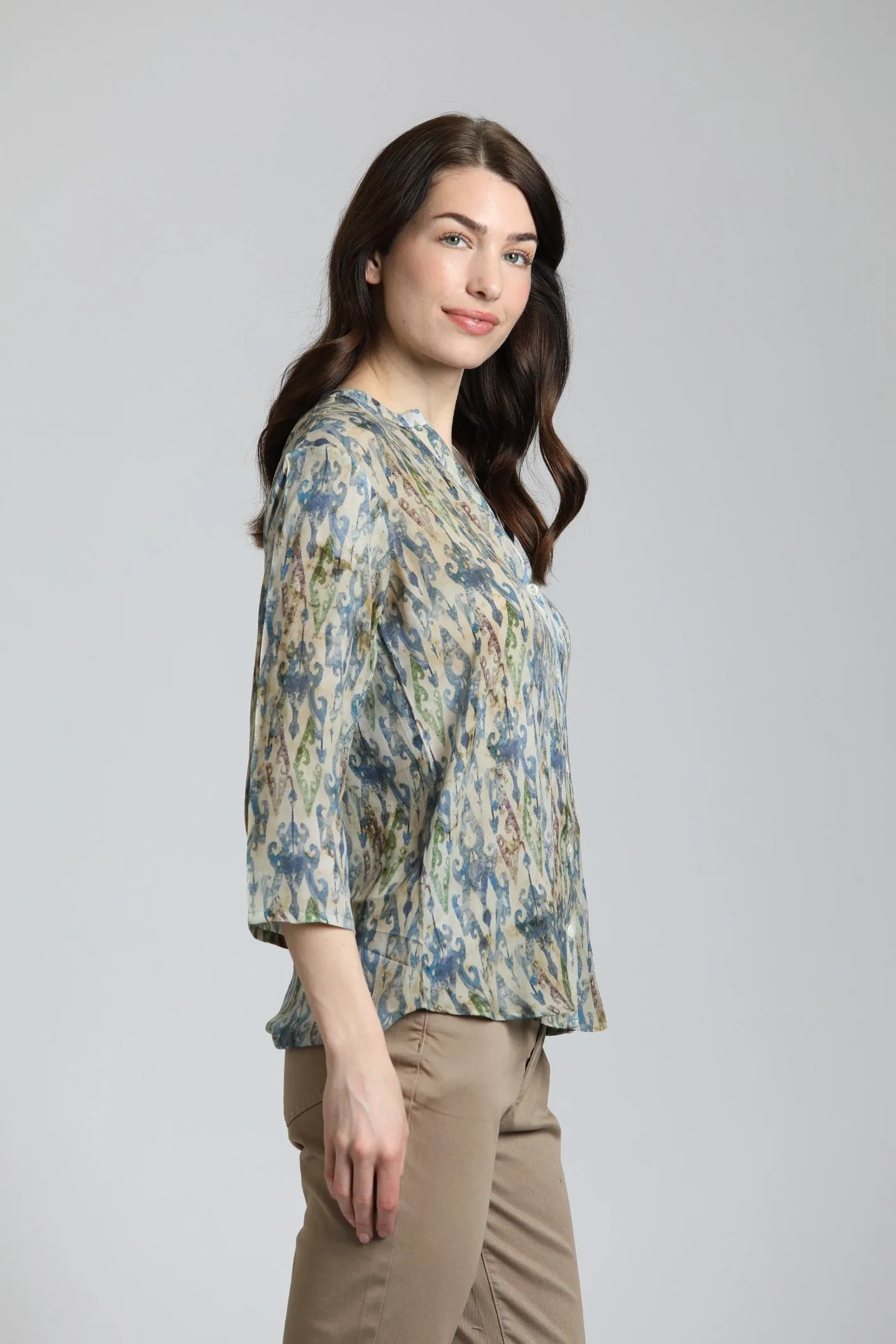 APNY Multicolor Ikat Print  Sleeve Mandarin Collar Button Up Blouse