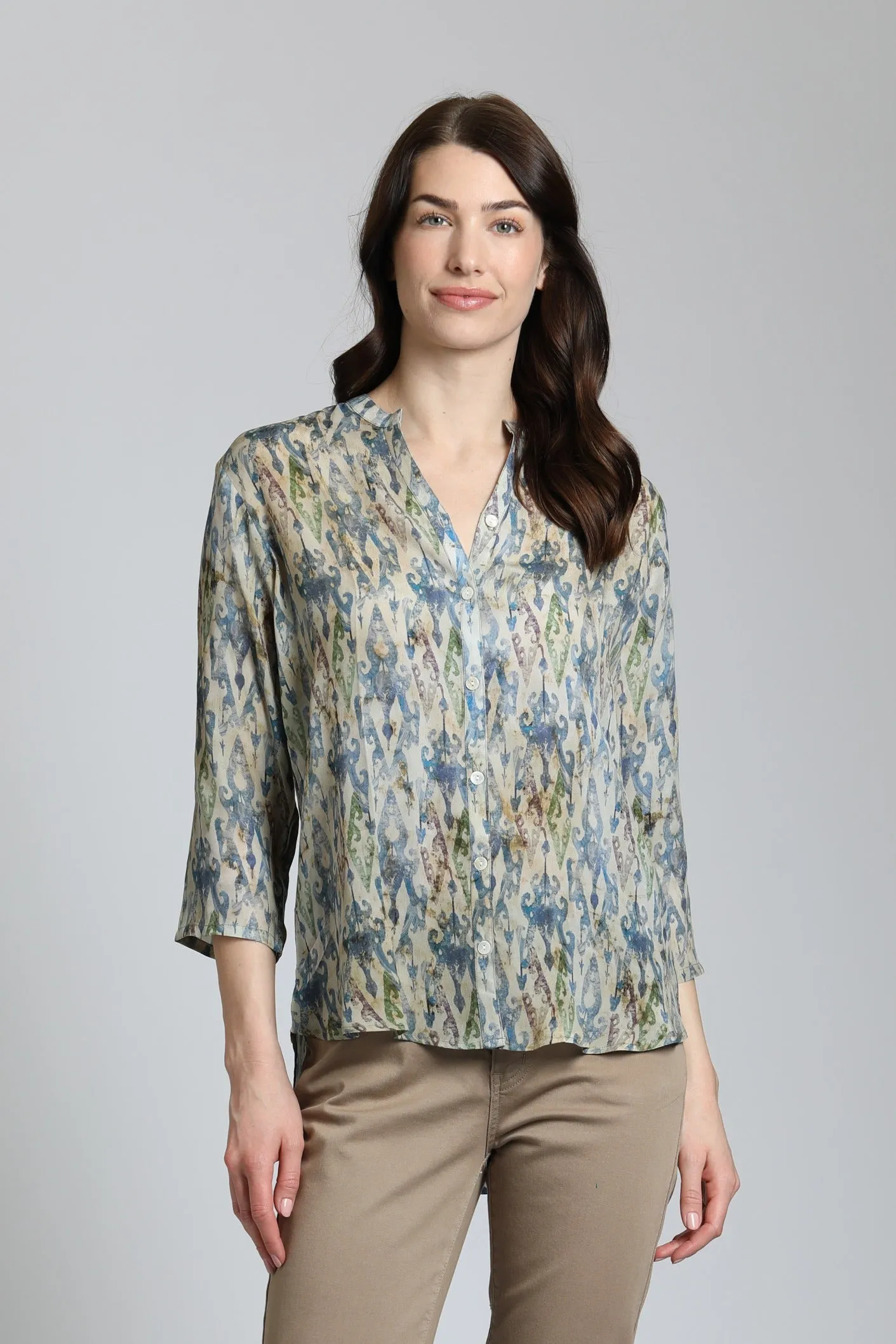 APNY Multicolor Ikat Print  Sleeve Mandarin Collar Button Up Blouse