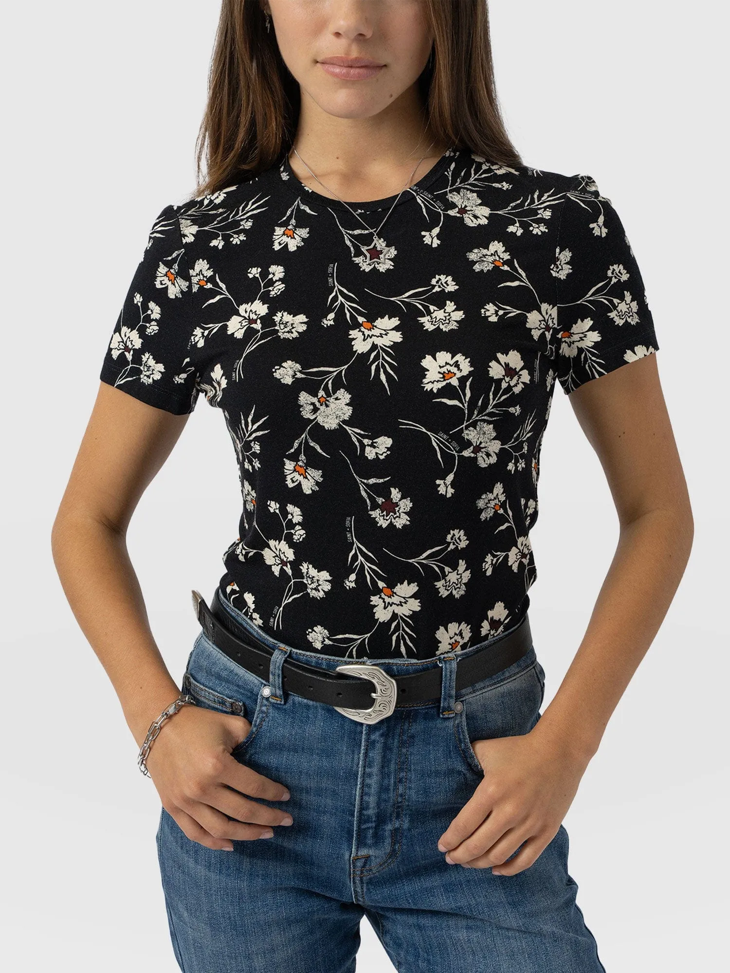 Austen Crew Neck Tee Short Sleeve - Black Spring Floral