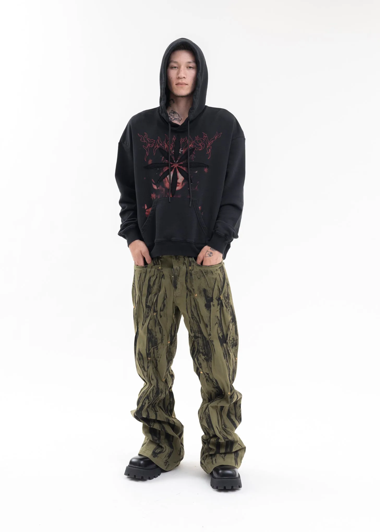 BLACK PATCHWORK PRINTED HOODIE