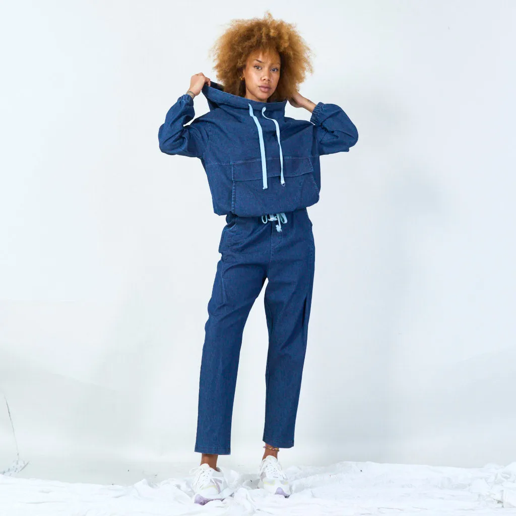 Casual denim hoodie with cargo pockets wholesale