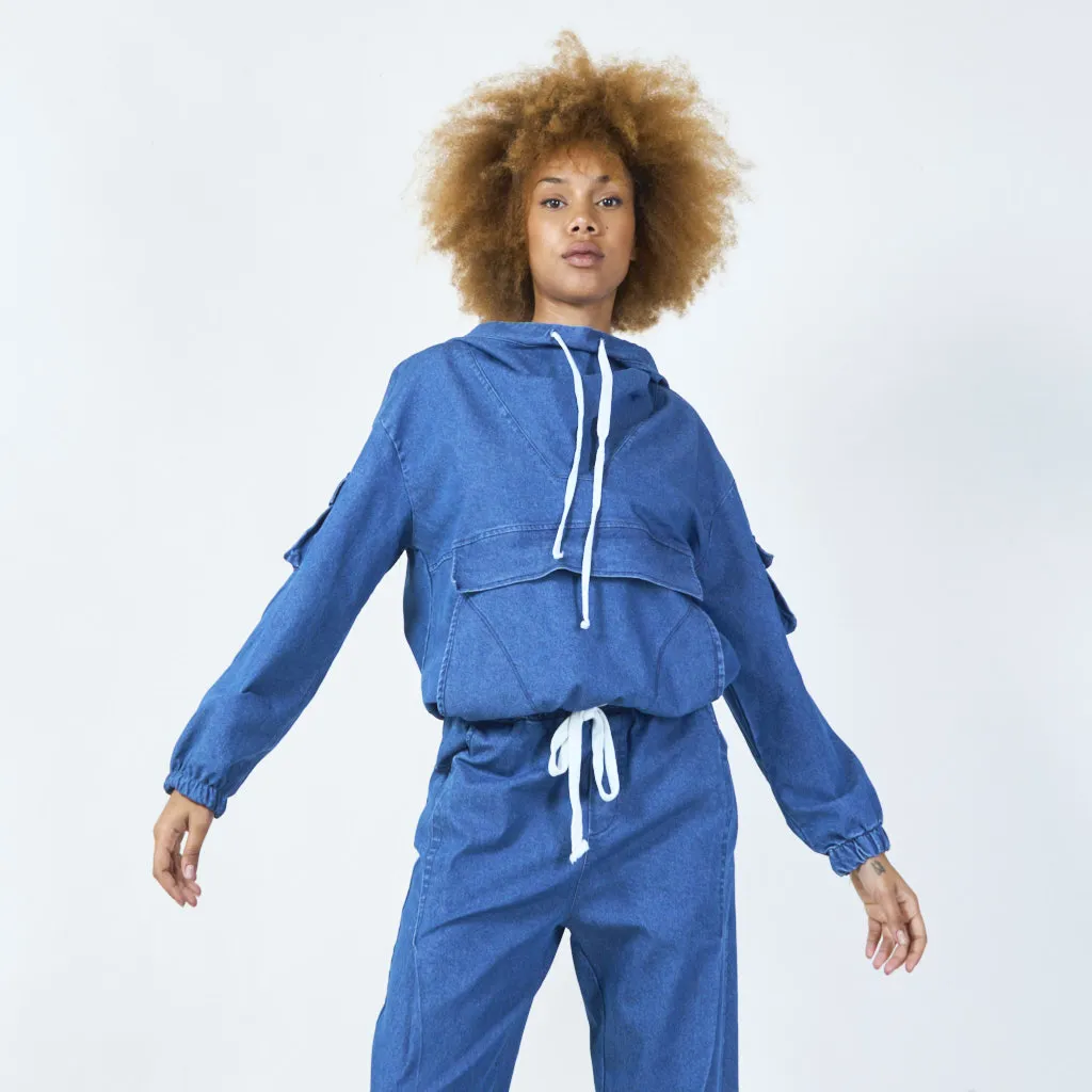 Casual denim hoodie with cargo pockets wholesale