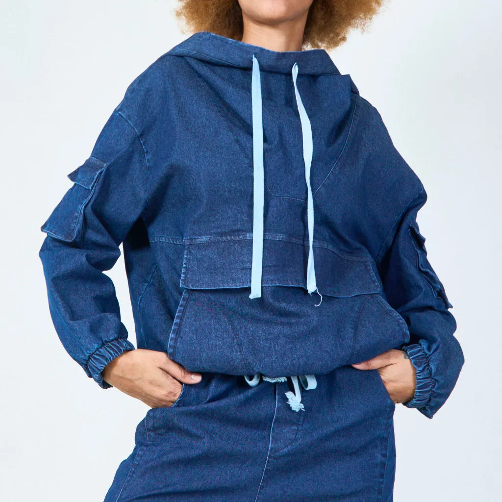 Casual denim hoodie with cargo pockets wholesale