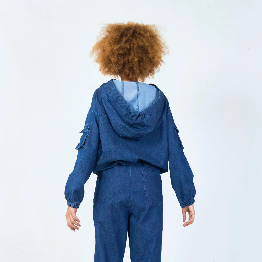 Casual denim hoodie with cargo pockets wholesale