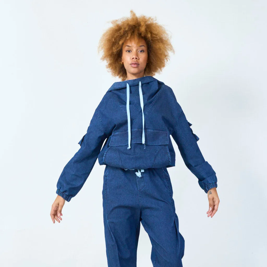 Casual denim hoodie with cargo pockets wholesale