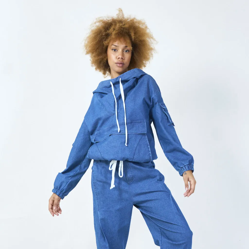 Casual denim hoodie with cargo pockets wholesale