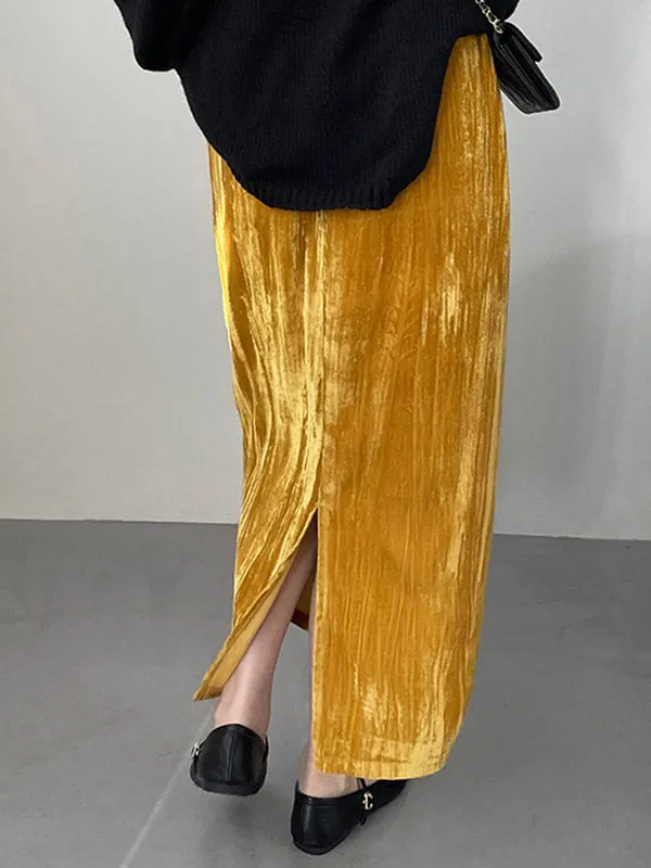 Elasticity Solid Color Split-Back High Waisted H-Line Skirts