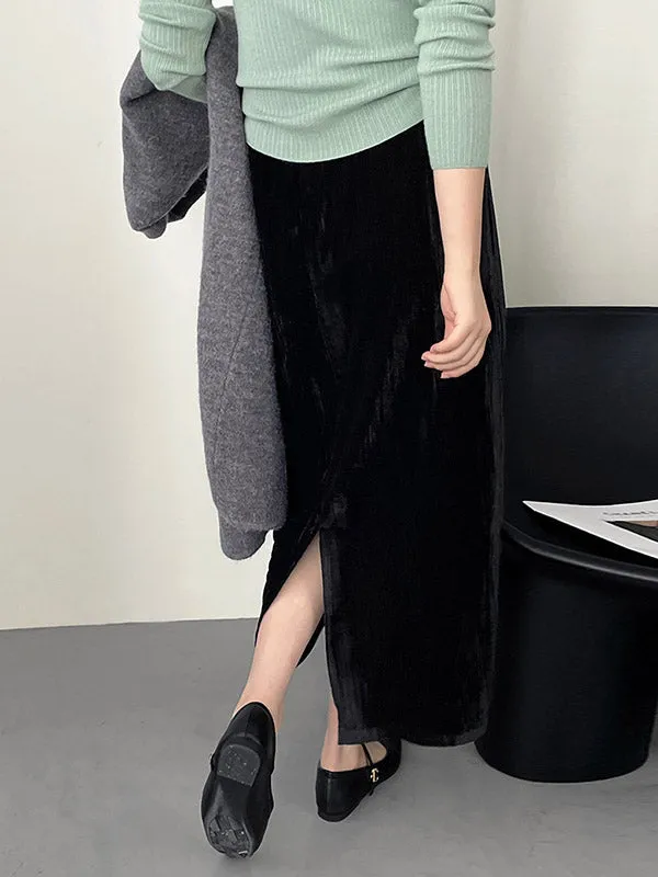 Elasticity Solid Color Split-Back High Waisted H-Line Skirts