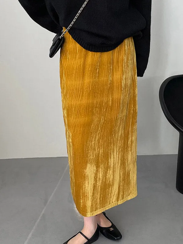 Elasticity Solid Color Split-Back High Waisted H-Line Skirts