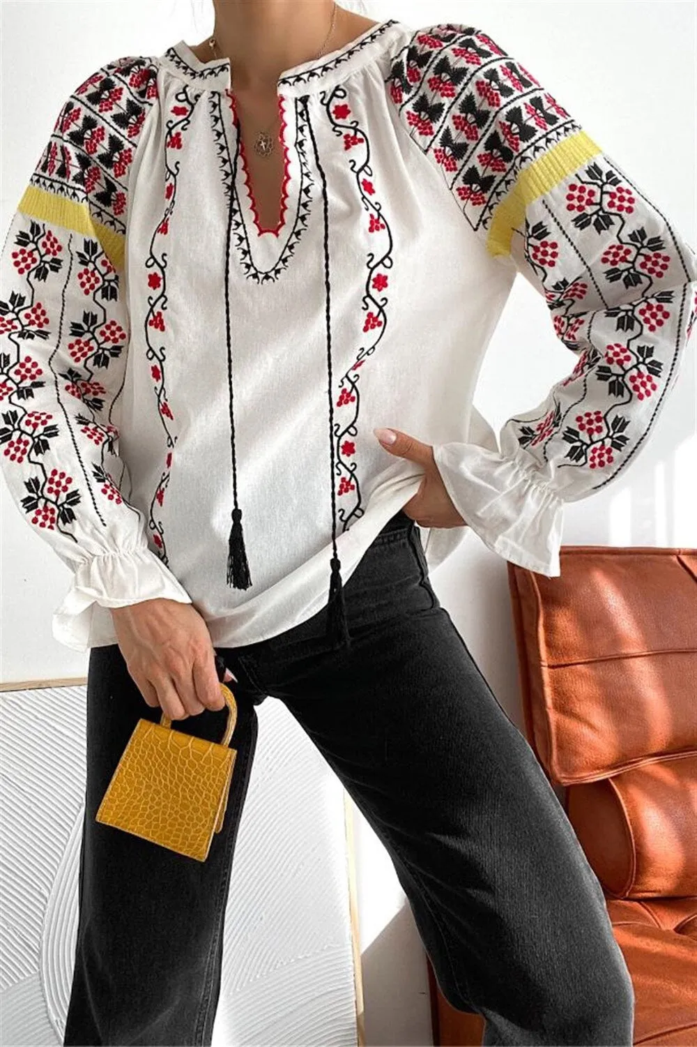 Ethnic Bohemian Floral Embroidered Blouse