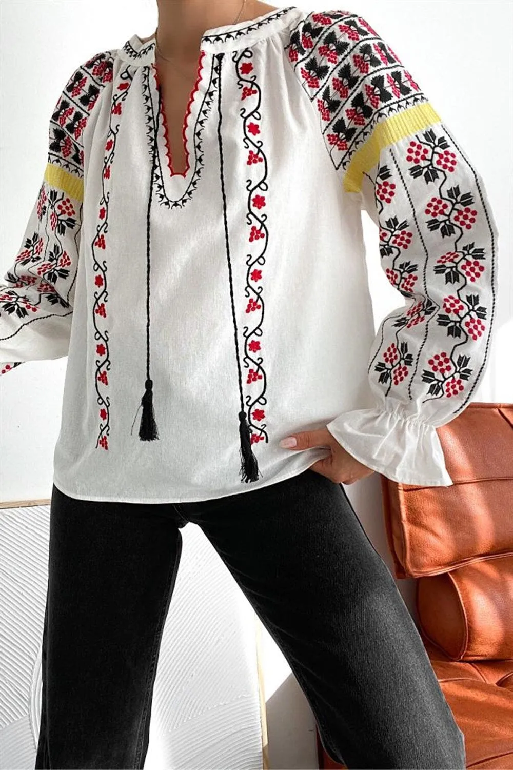Ethnic Bohemian Floral Embroidered Blouse