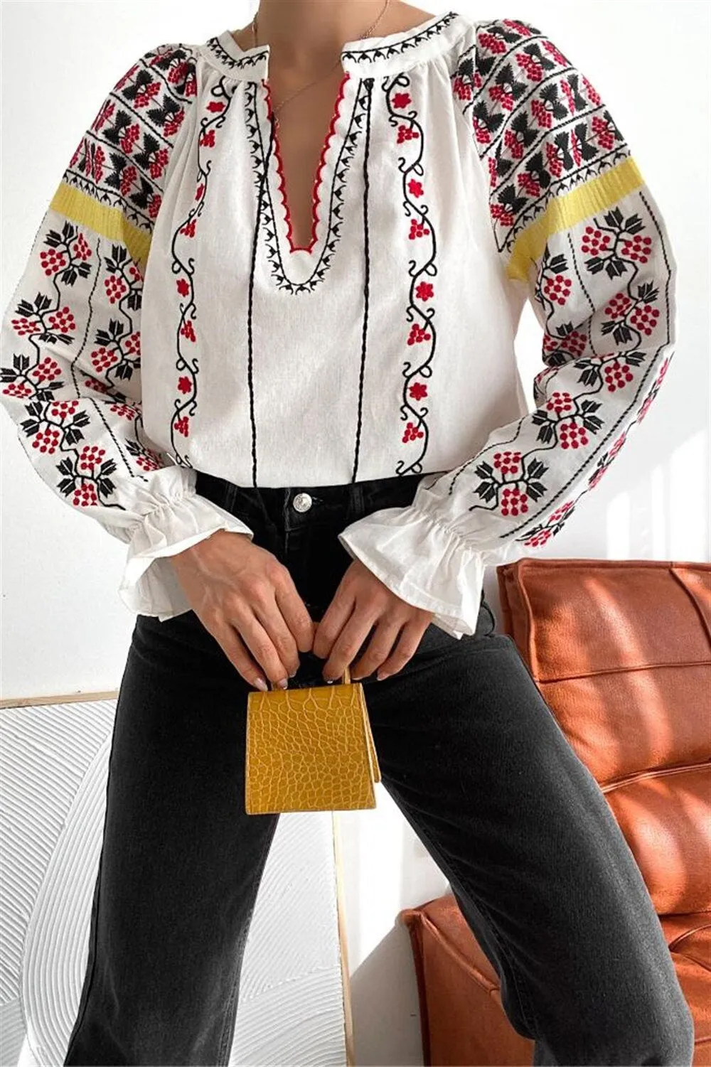 Ethnic Bohemian Floral Embroidered Blouse