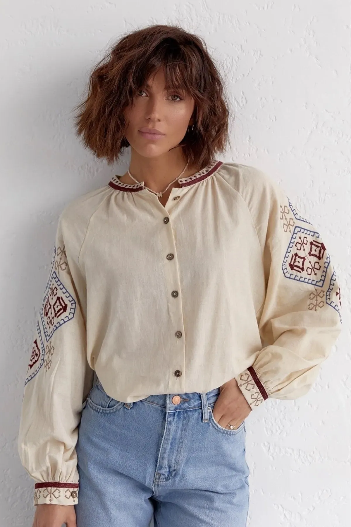 Ethnic Embroidered Cream Cotton Vyshyvanka Blouse