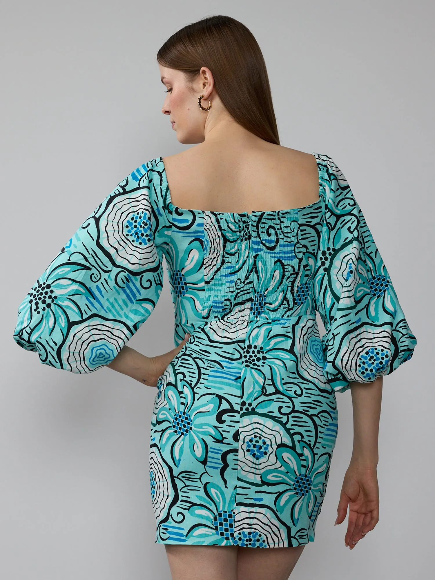 Floral Puff Sleeve Linen Mini Dress