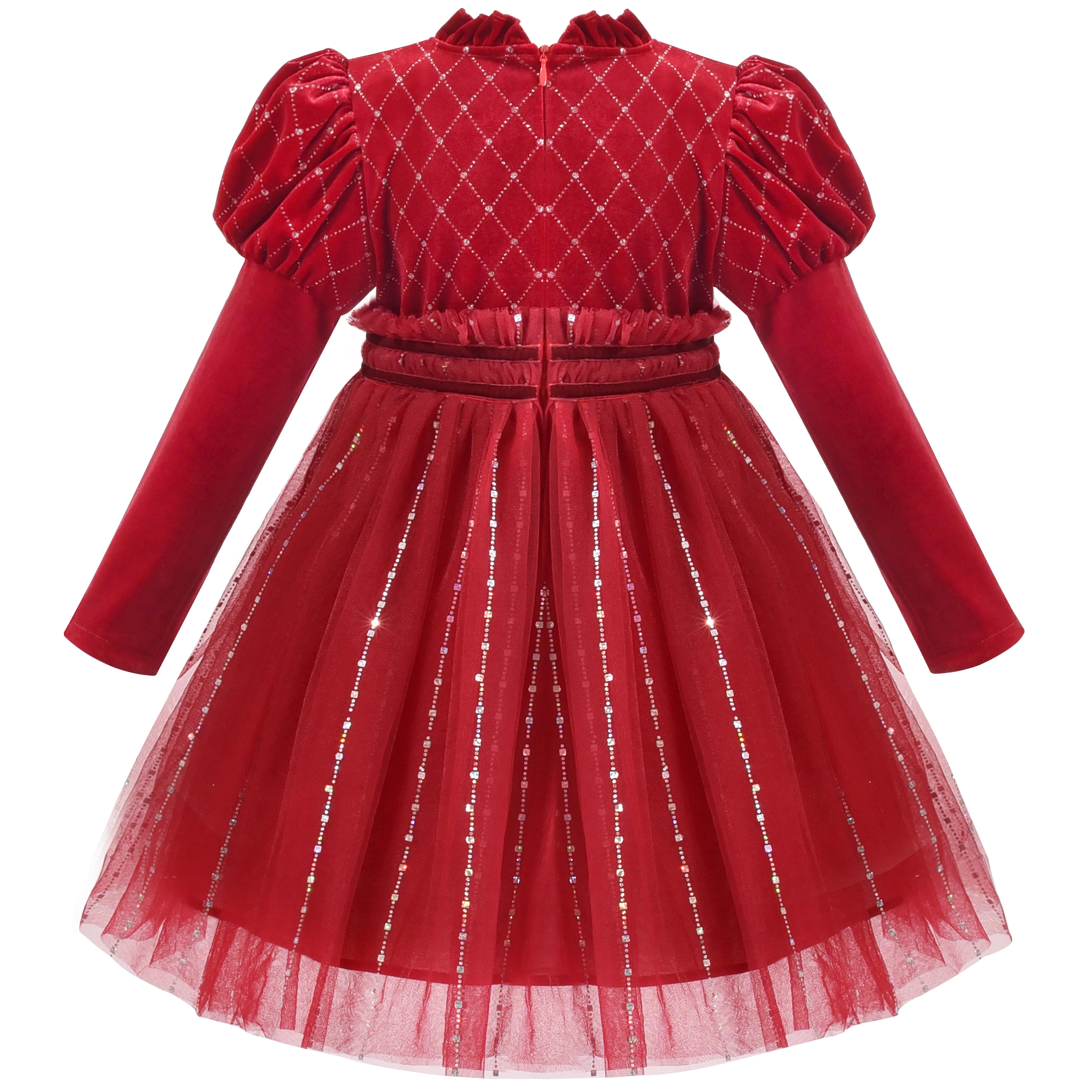 Girls Dress Rhinestone Ruffle Mock Collar Puff Sleeve Christmas Party Size 4-14 Years