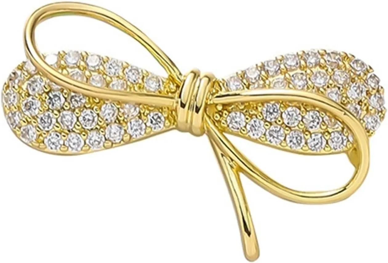 HETICA Elegant Gold Bow Brooch Layered Design Vintage Cubic Zirconia Pin Jewelry for Daily Wear Gift for Women
