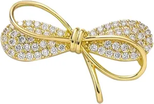HETICA Elegant Gold Bow Brooch Layered Design Vintage Cubic Zirconia Pin Jewelry for Daily Wear Gift for Women