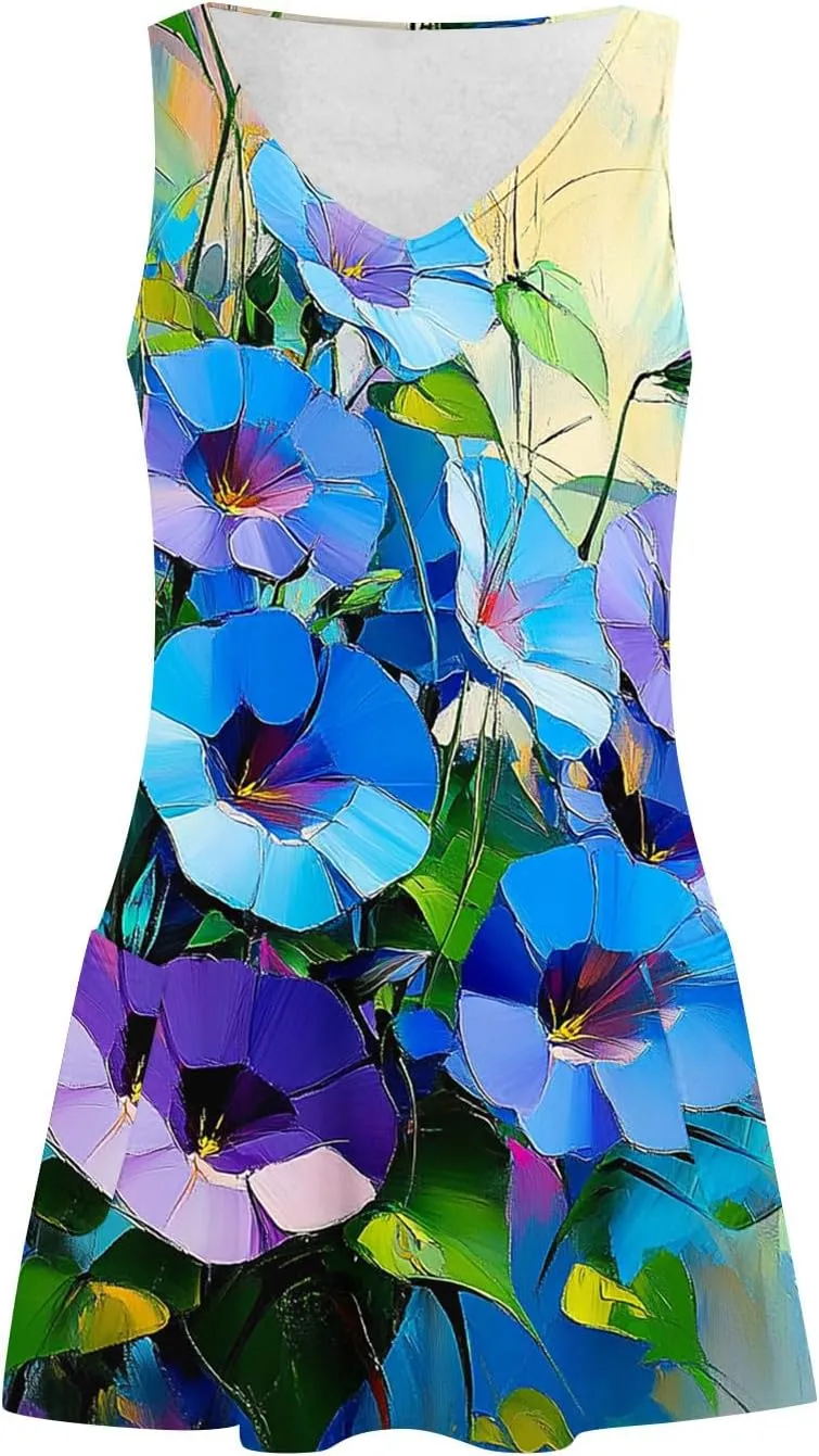 hlysgo Petite Dresses for Women 2025 Summer Sleeveless V Neck Coverup Mini Dress Trendy Boho Beach Sundress with Pockets