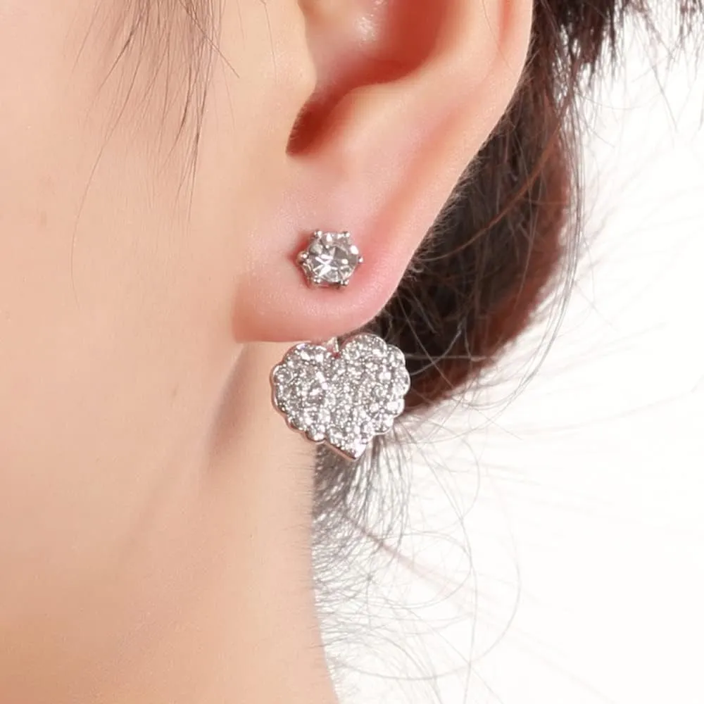Jumwrit Silver Rhinestone Heart Dangle Earrings - Ear Jacket Cuffs & Studs - Hypoallergenic & Lightweight - Perfect for Parties, Prom & Daily Wear