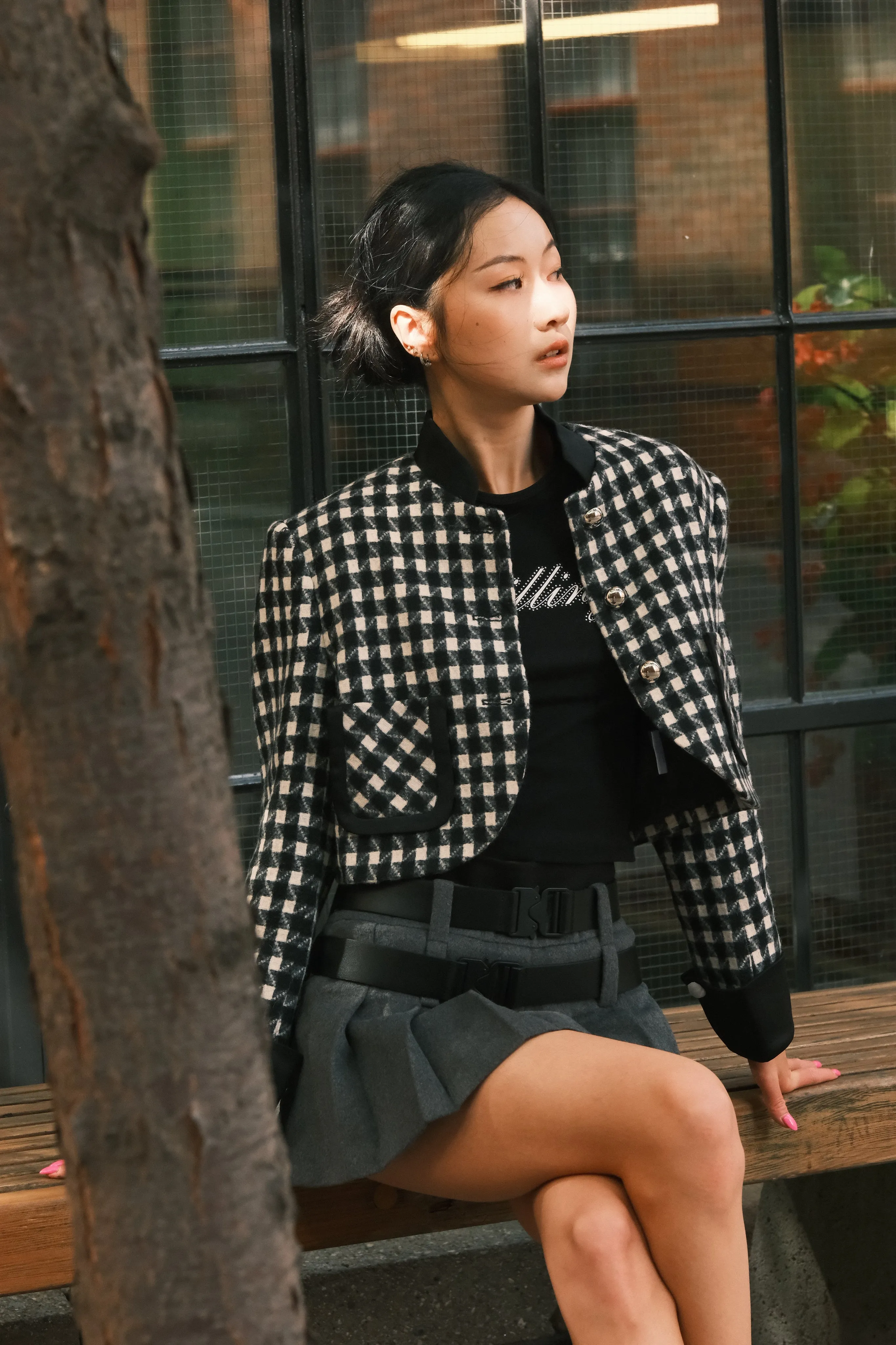 June Eleven Houndstooth Bomber Jacket