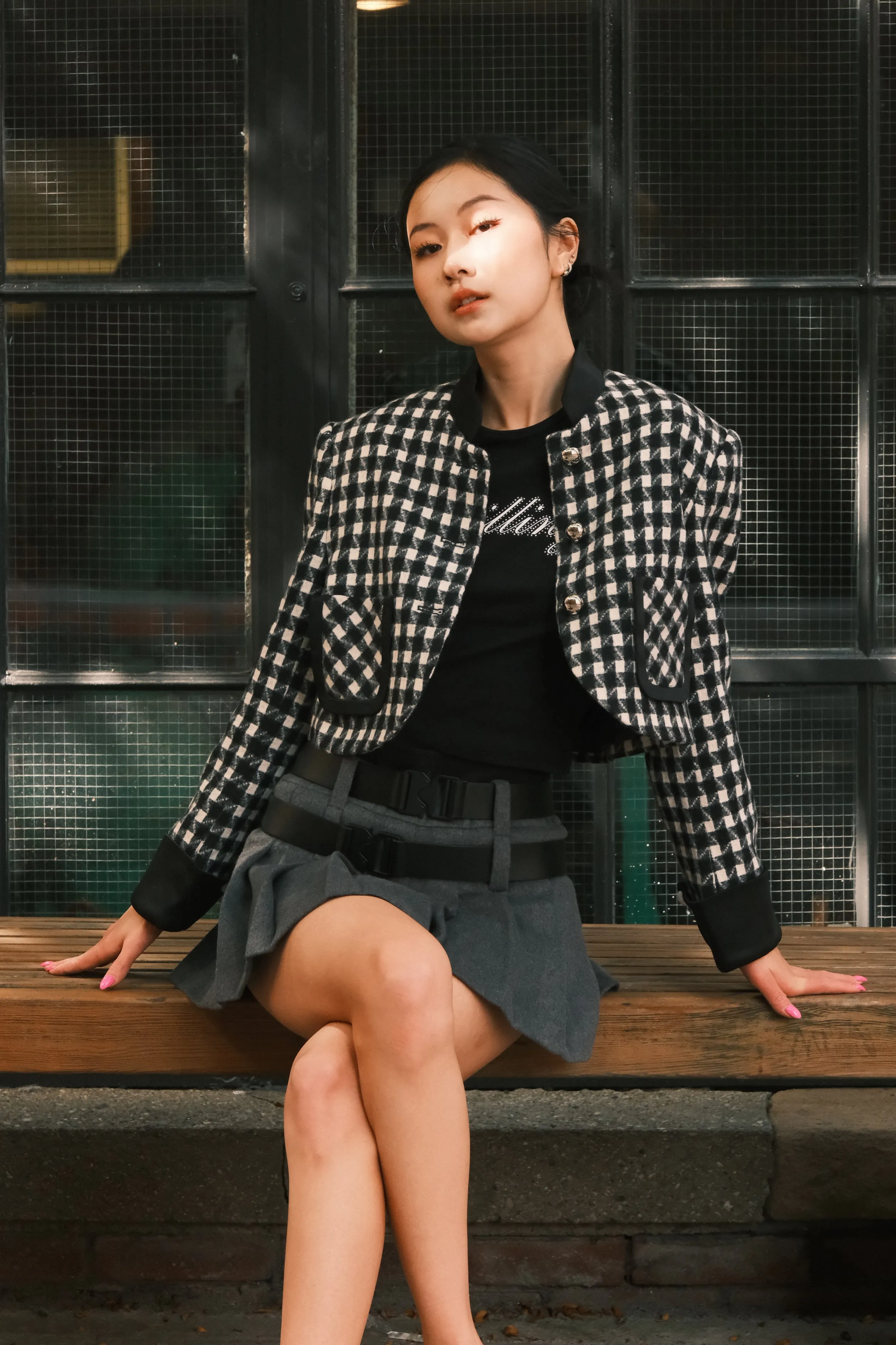 June Eleven Houndstooth Bomber Jacket