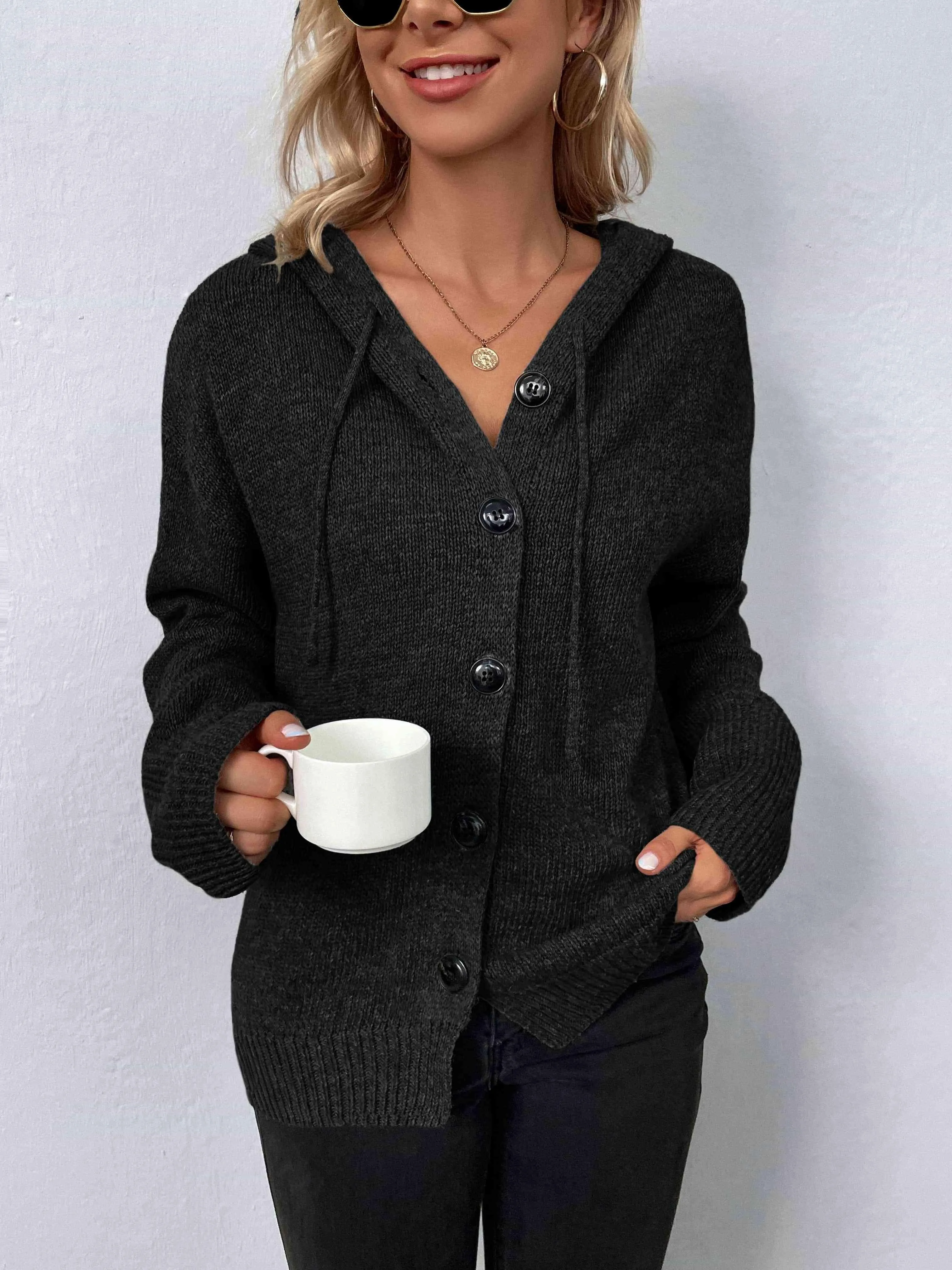 Keep Warm Button Down Hooded Knitted Cardigan