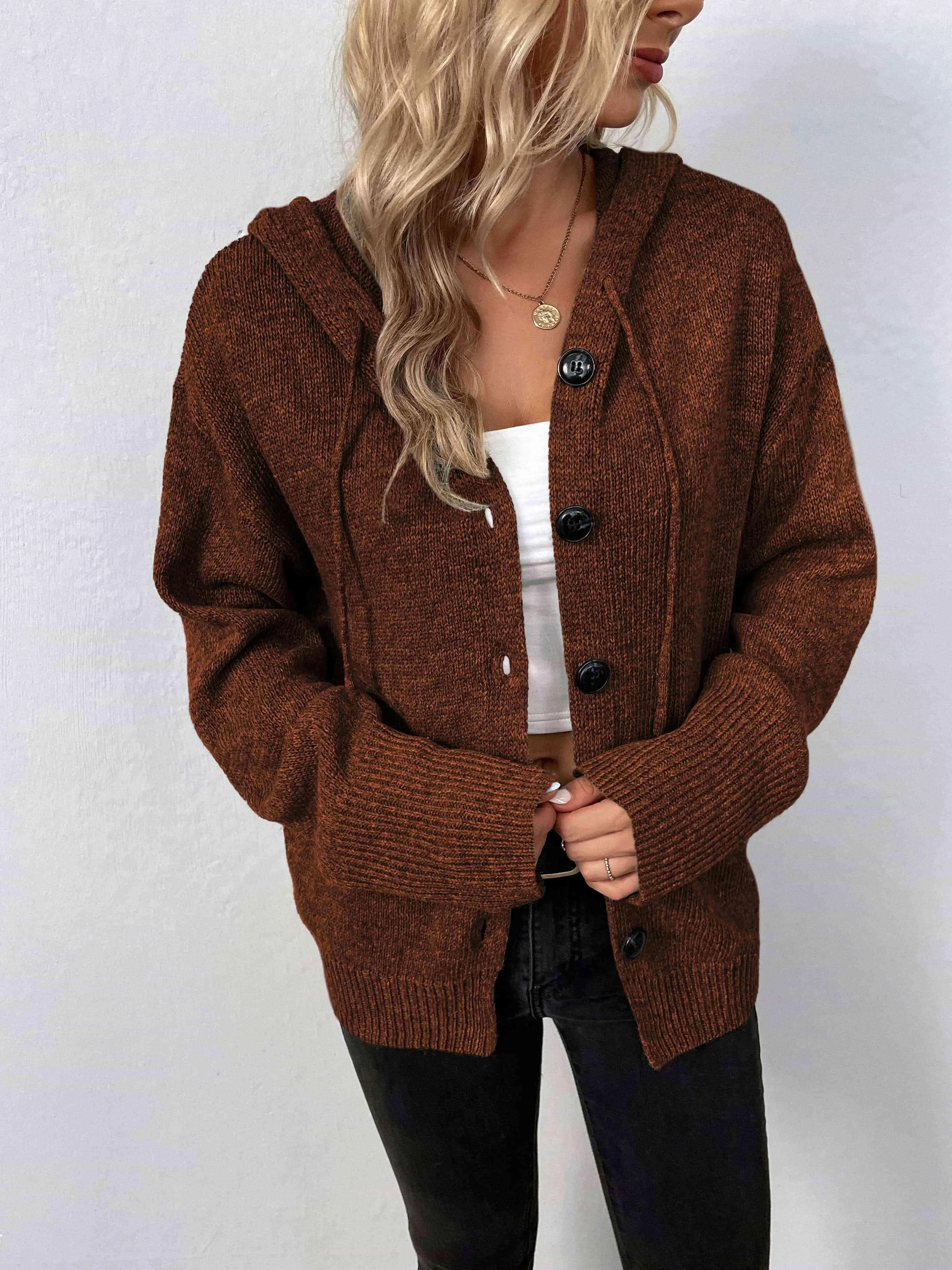 Keep Warm Button Down Hooded Knitted Cardigan