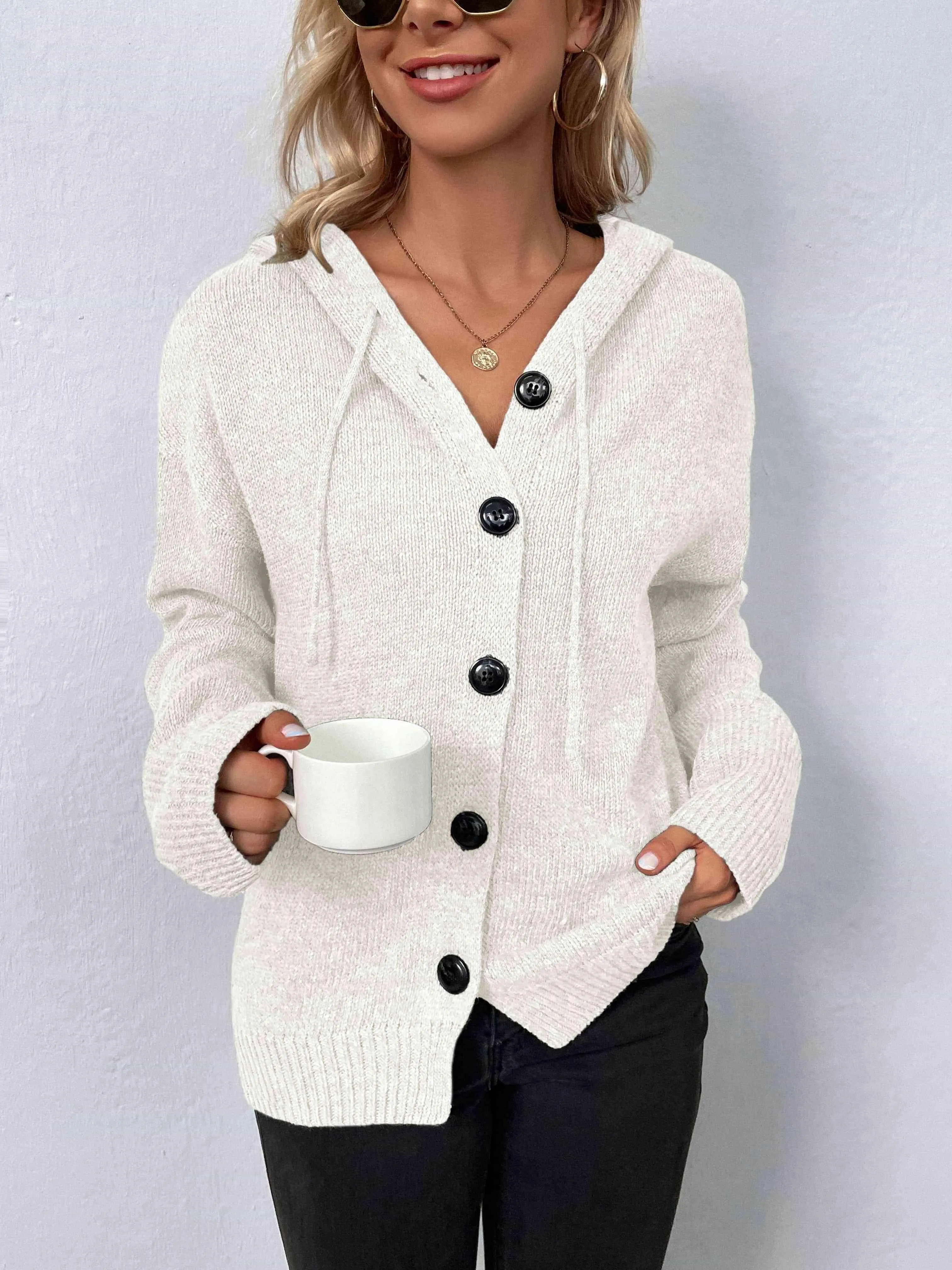 Keep Warm Button Down Hooded Knitted Cardigan
