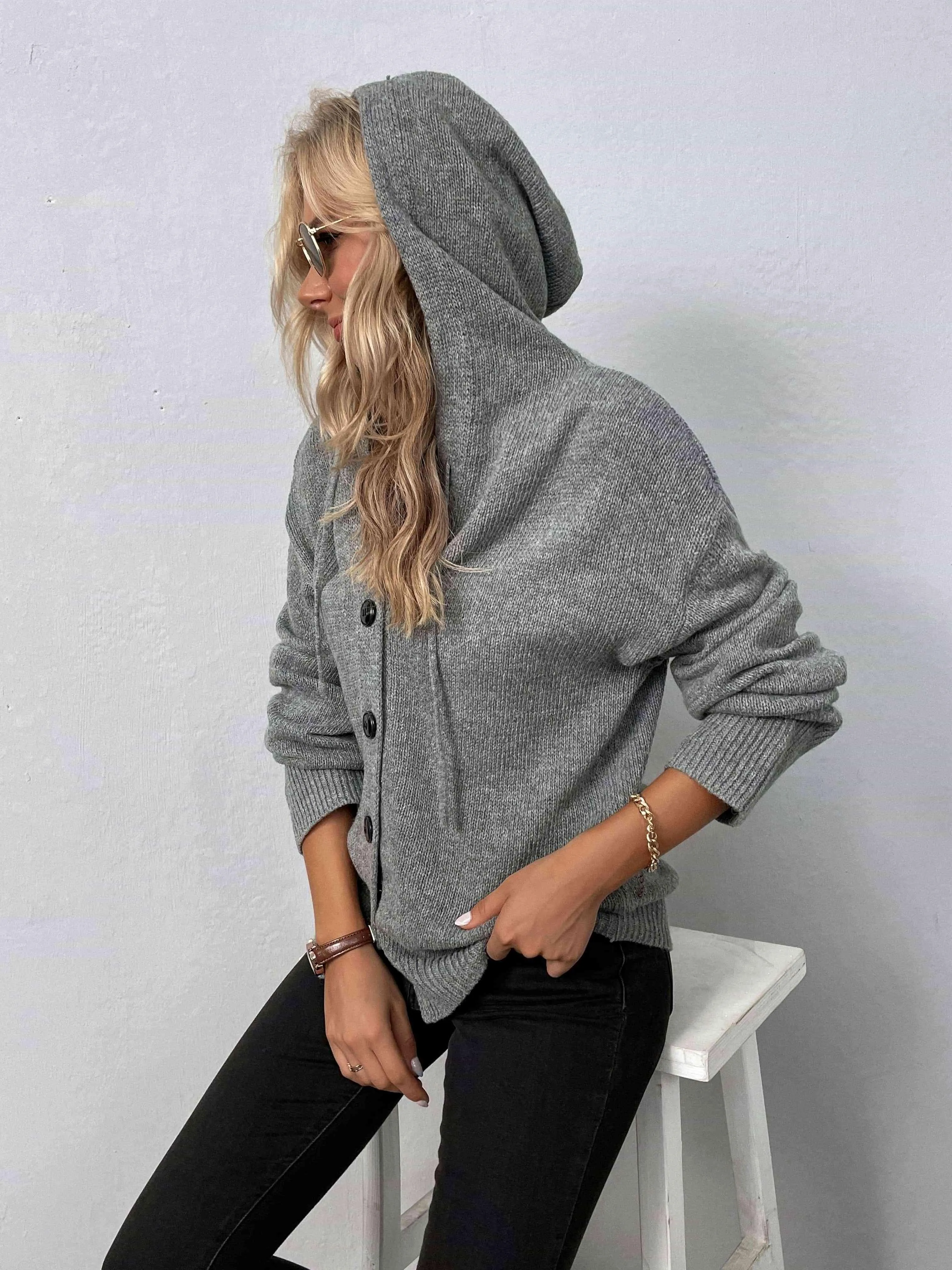Keep Warm Button Down Hooded Knitted Cardigan