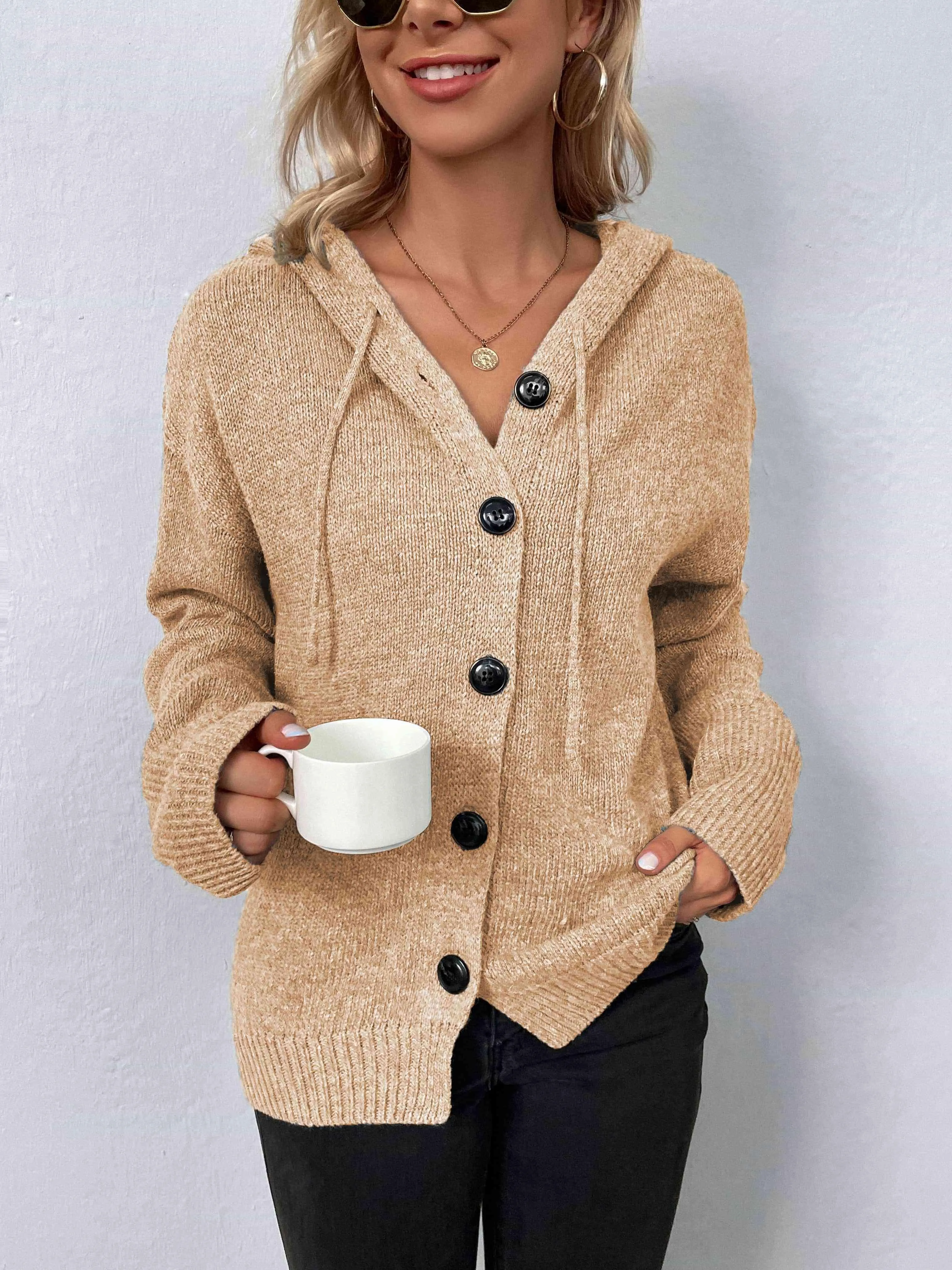 Keep Warm Button Down Hooded Knitted Cardigan