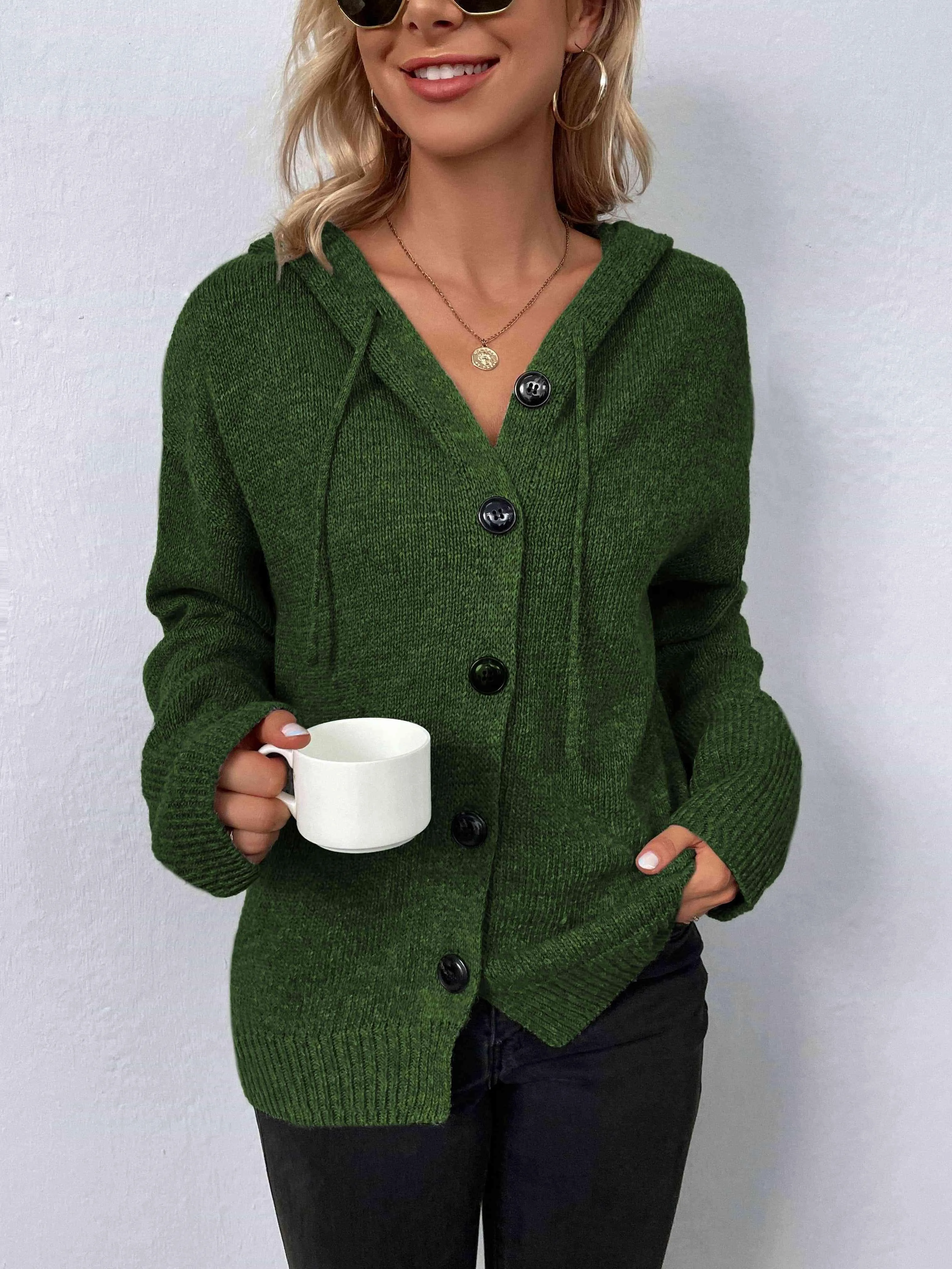 Keep Warm Button Down Hooded Knitted Cardigan
