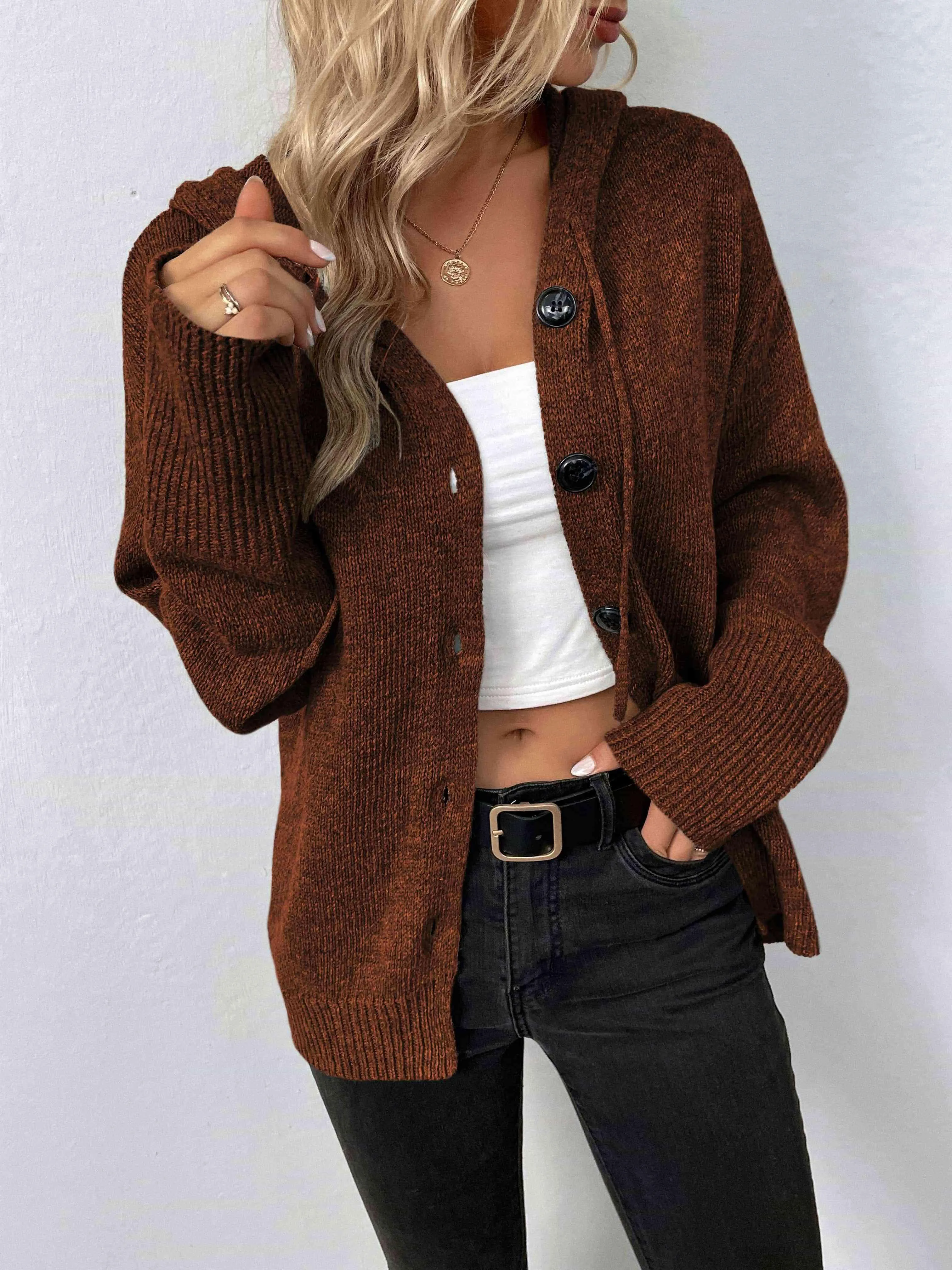 Keep Warm Button Down Hooded Knitted Cardigan