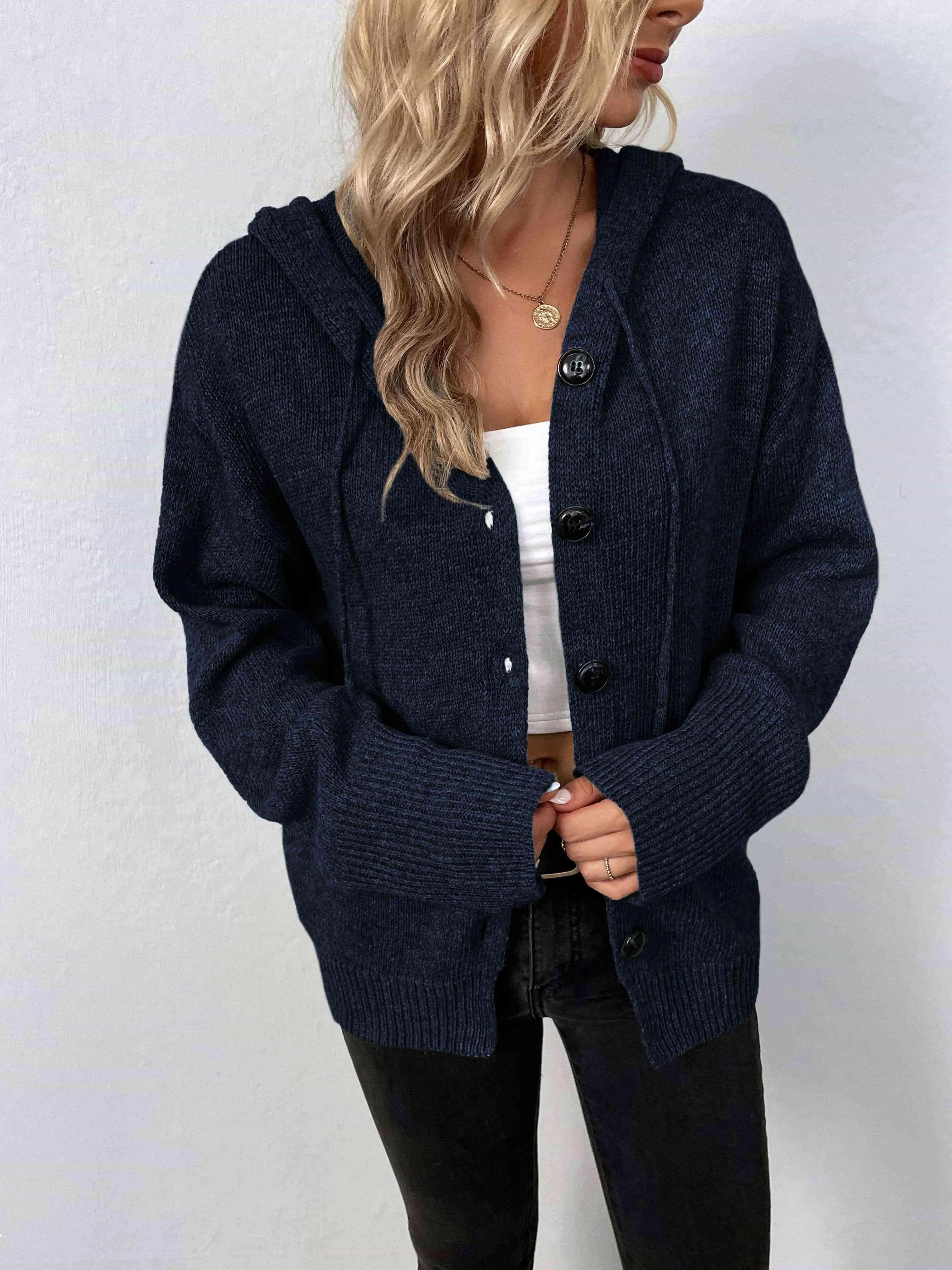 Keep Warm Button Down Hooded Knitted Cardigan