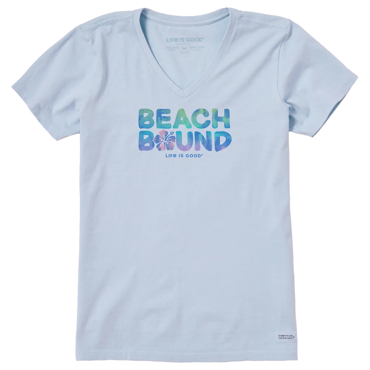 Life is Good. Women's Wordsmith Beach Bound Hibiscus SS Crusher Vee, Glacier Blue