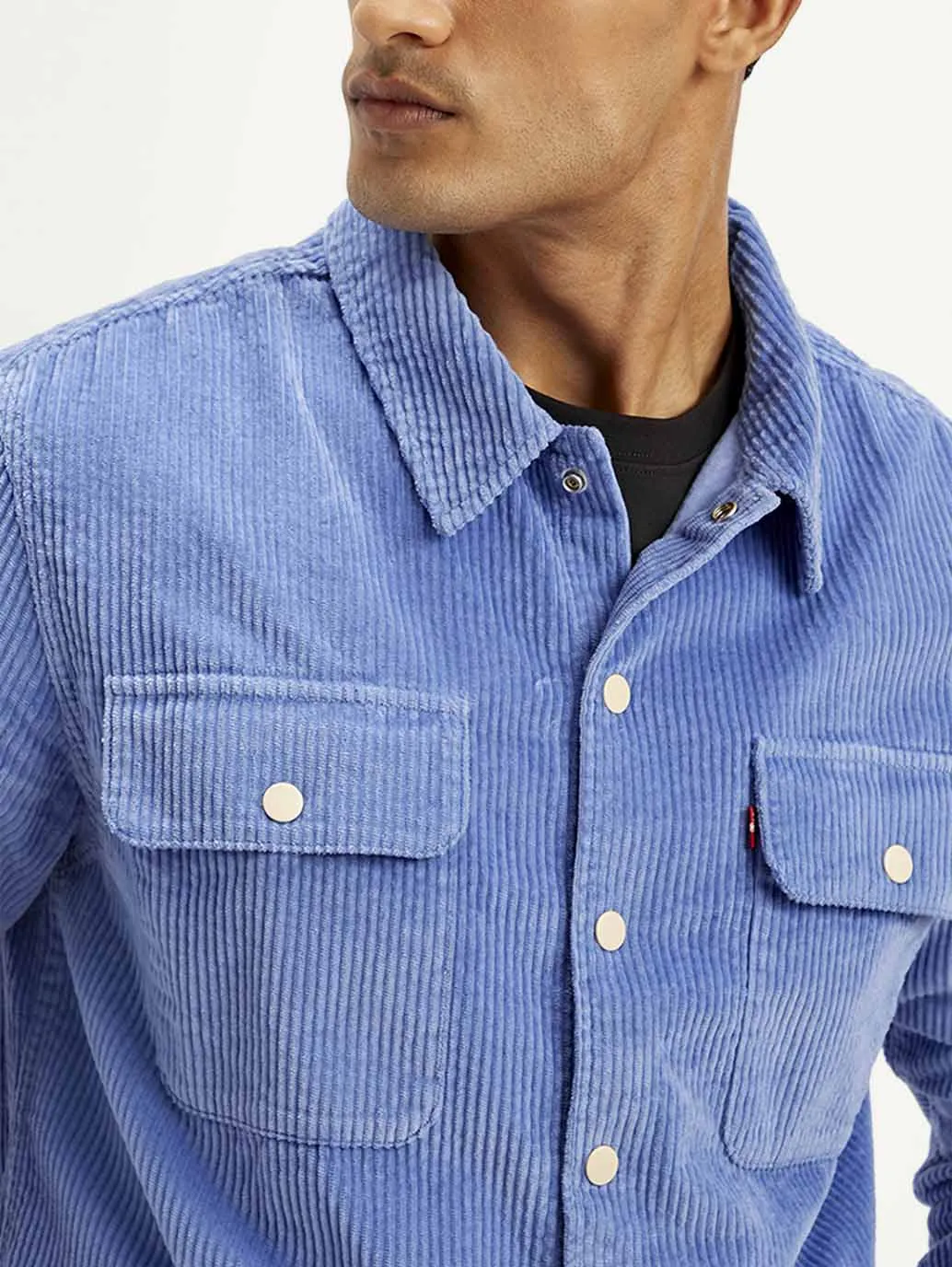 Men's Solid Blue Relaxed Fit Corduroy Shacket