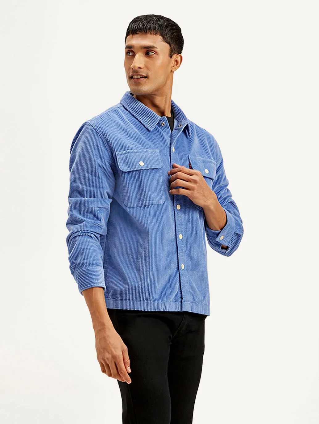 Men's Solid Blue Relaxed Fit Corduroy Shacket