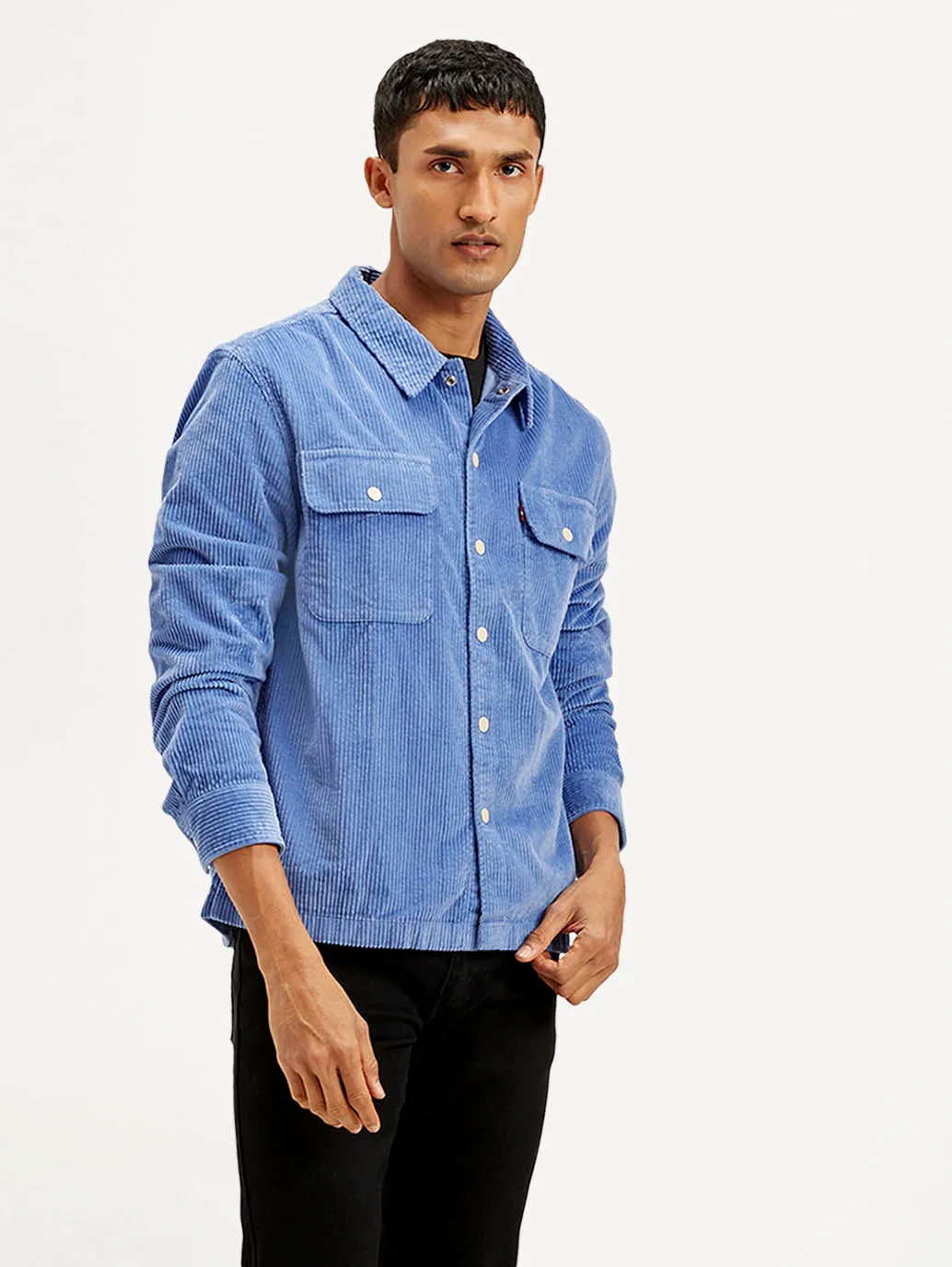 Men's Solid Blue Relaxed Fit Corduroy Shacket