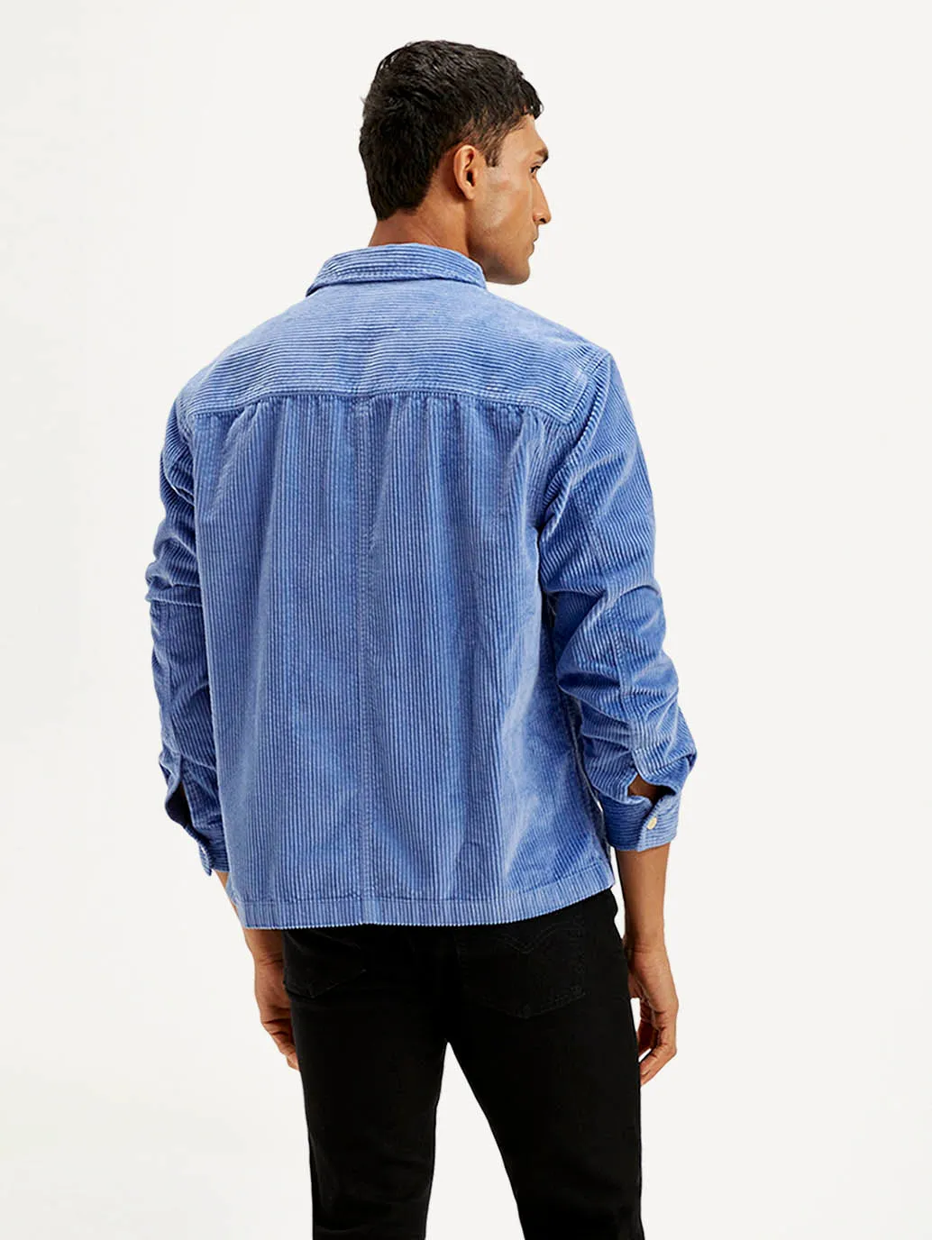 Men's Solid Blue Relaxed Fit Corduroy Shacket