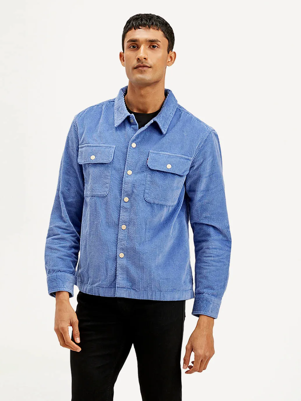 Men's Solid Blue Relaxed Fit Corduroy Shacket