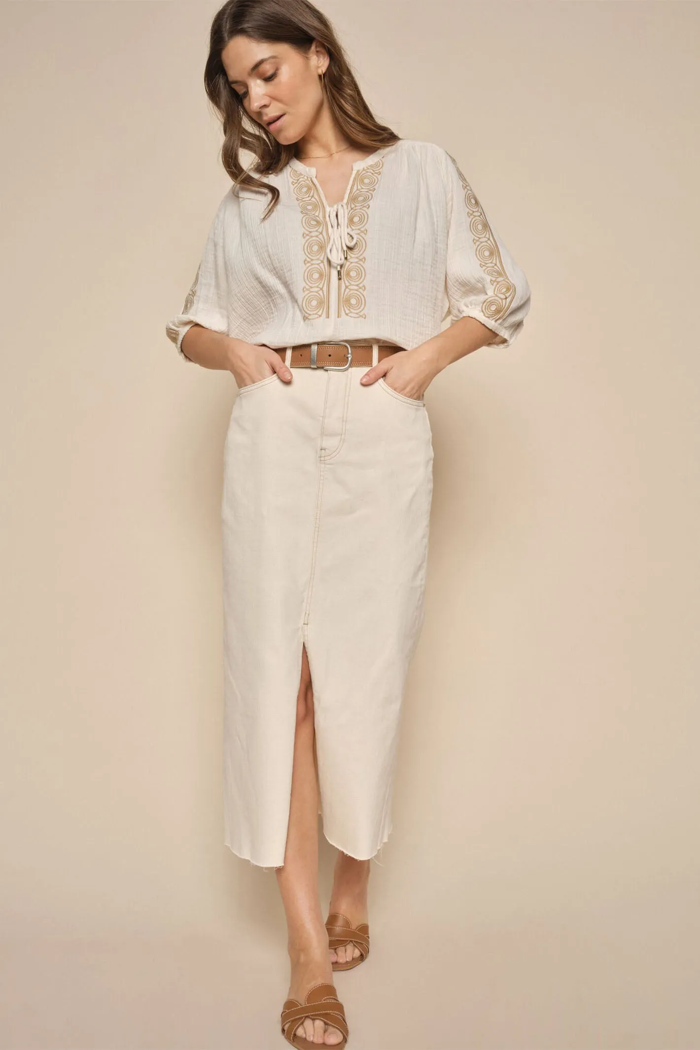 Mos Mosh 163580 MMMella Nature Taupe Front Split Midi Denim Skirt