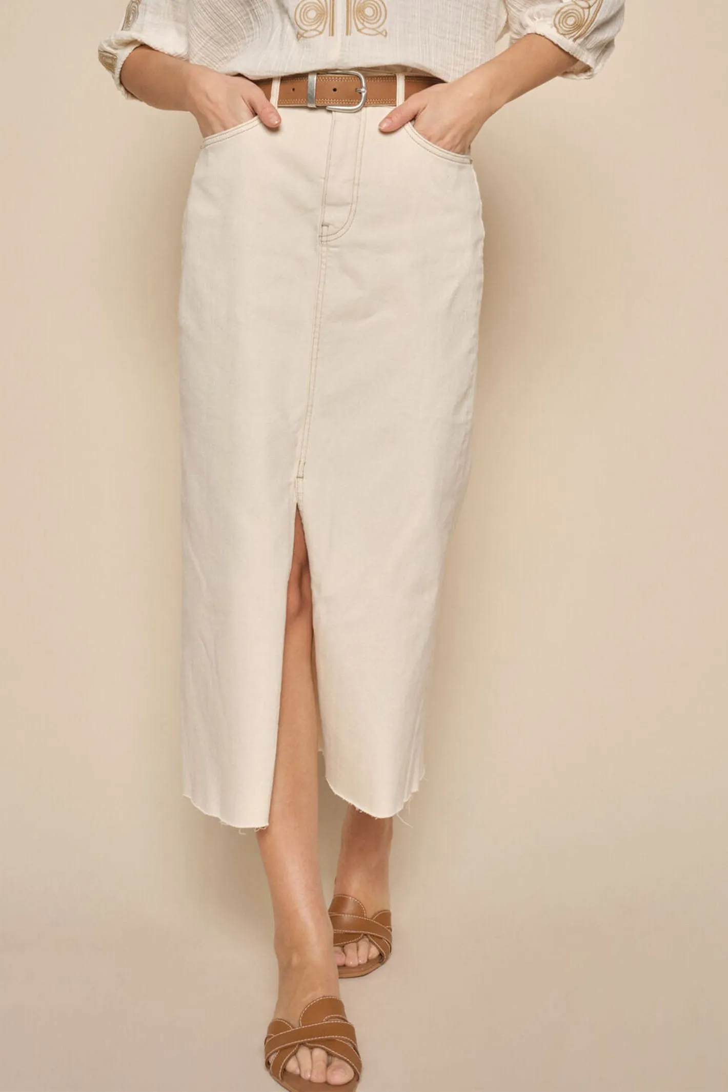 Mos Mosh 163580 MMMella Nature Taupe Front Split Midi Denim Skirt
